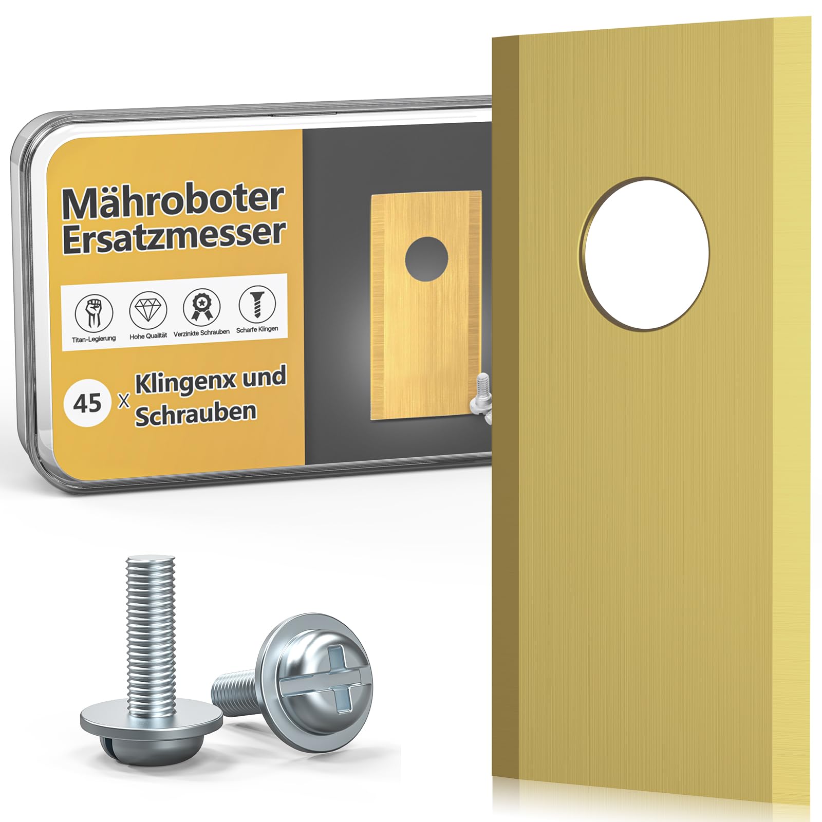 TBoonor 45x Premium Mähroboter Messer - Edelstahl mit Titan-Beschichtung Ersatzklingen für Worx Landroid, LandXcape, Zoef, Einhell - Ultra scharfe & langlebige Rasenroboter Klingen inkl. Schrauben