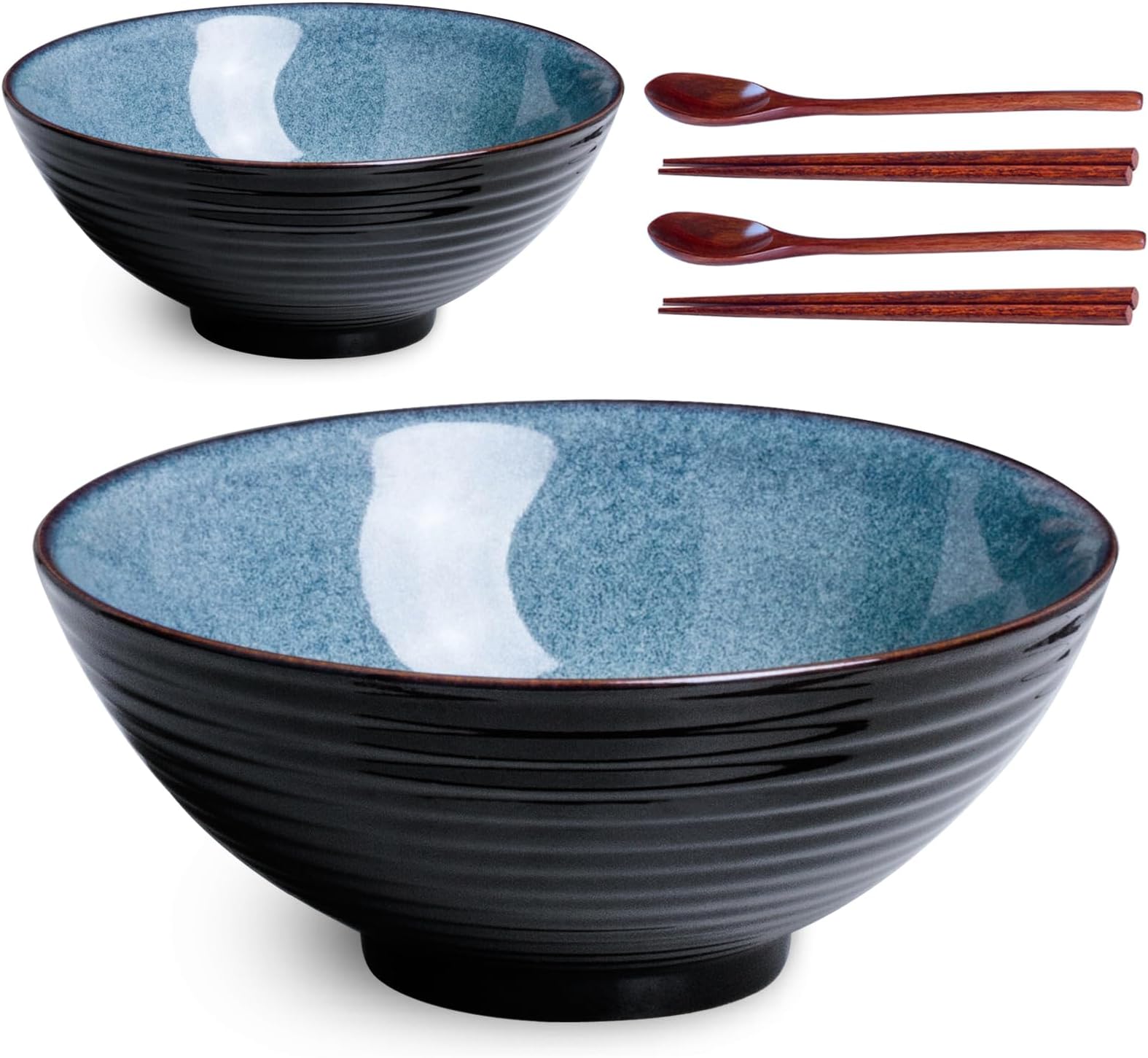 Auanlay 8 Inch Ceramic Ramen Bowl Set of 2, 40oz Ramen Bowls with Spoons and Chopsticks for Pho Noodle Soup, Blue