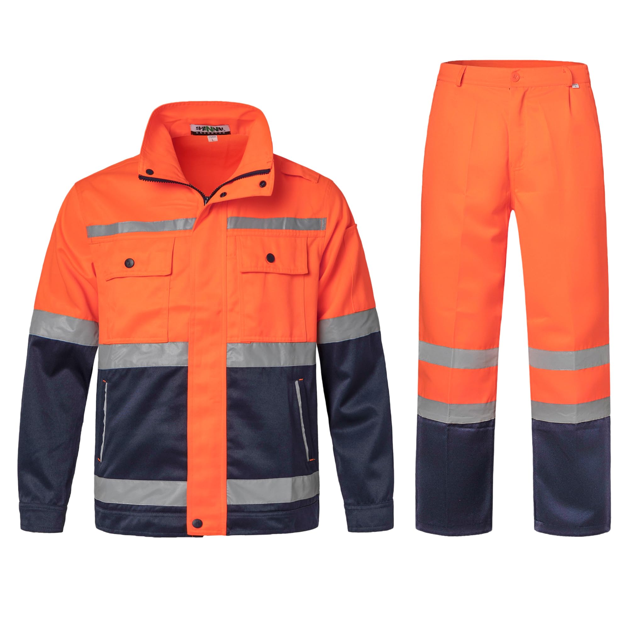 Herren Warnschutz Arbeitsanzug-Set mit Arbeitsjacke und Arbeitshose Reflektierende Jacke mit Taschen Arbeitskleidung Hose Warnjacke mit Reißverschluss für Männer