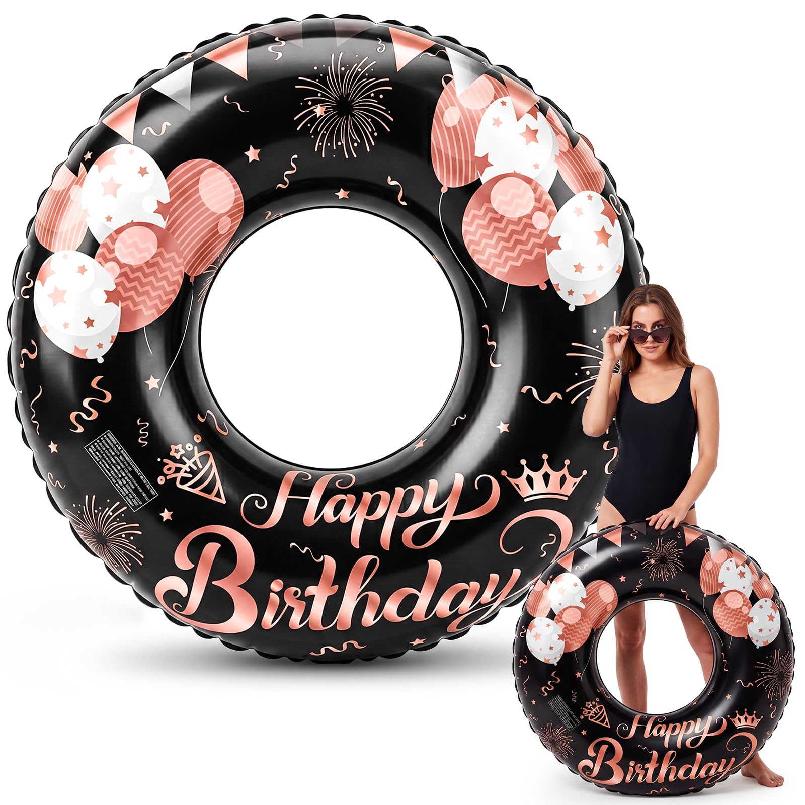 Motionchic Happy Birthday Pool Float Adult Inflatable Swim Ring, Black Pink