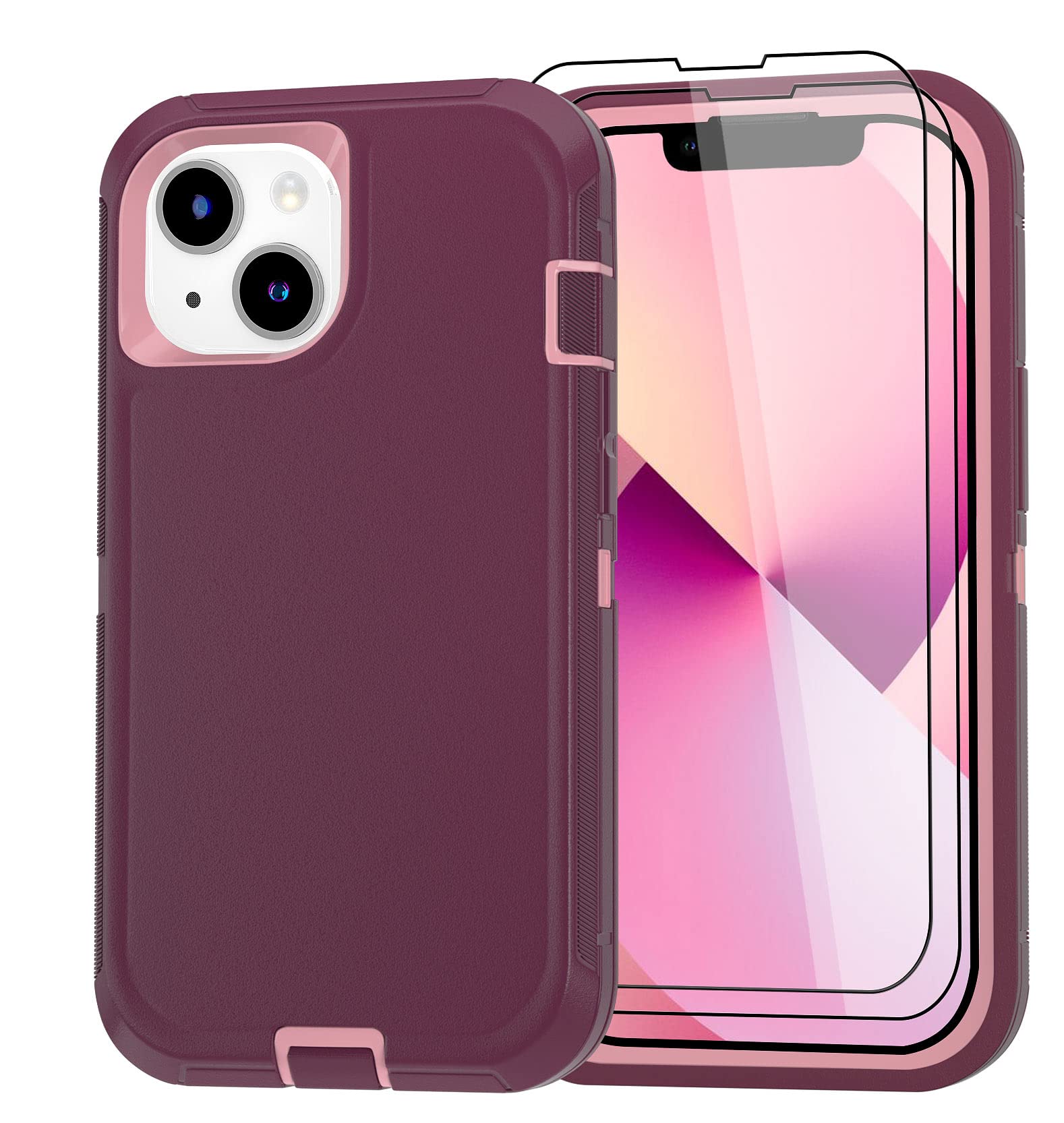 GYJ Case for iPhone 13 Case 6.1" with 2 Screen Protector, Full Body Heavy Duty Military Grade Cover, Shockproof/Drop Proof Protection Phone Case (Wine