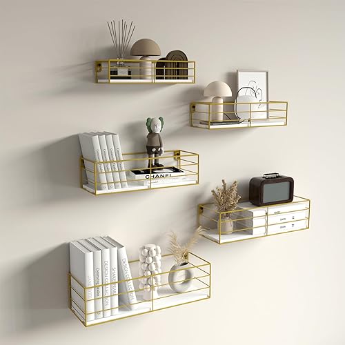 Miniatura 2 de CRUGLA Juego de 5 estantes flotantes dorados montados en la pared, estante flotante de almacenamiento colgante para baño, cocina, dormitorio, sala