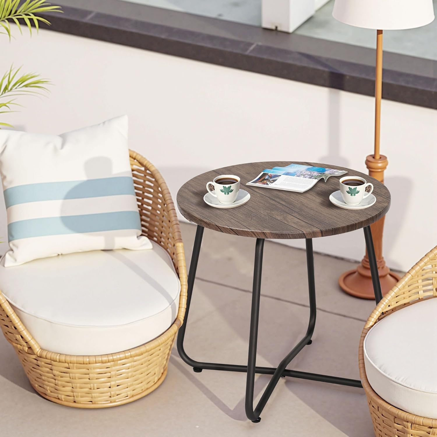 VECELO Outdoor Side Table,17.7 inch Patio Small Round End Table,Waterproof Wood Table with Weather Resistant Steel Adjustable Feet for Living Room Bedroom Garden Yard Balcony Porch Poolside