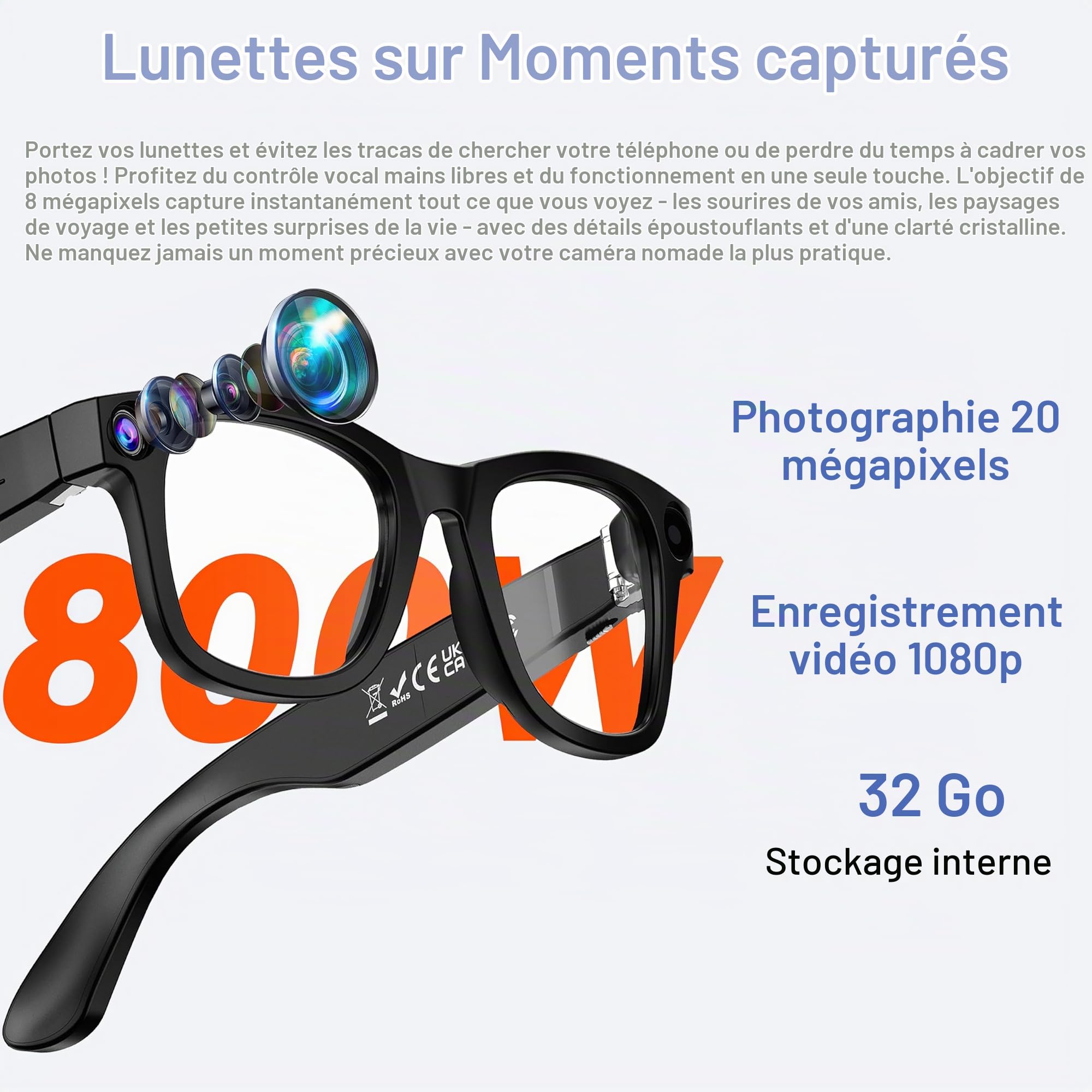 G300 Lunettes AI 8MP 1080P 32GB Traduction HiFi Verres solaires | Traduction Multilingue en Temps Réel, Double Haut-parleurs HIFI, Verres Solaires & Anti-Lumière Bleue
