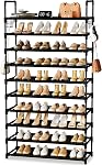 10 Tier Shoe Rack, Large Capacity Tall Shoe Storage Organizer Holds 50-55 Pairs Shoes and Boots, Vertical Shoe Shelf Cabinet with Versatile Hooks for Closet Entryway Garage Bedroom