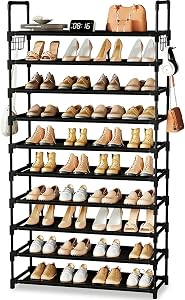 10 Tier Shoe Rack, Large Capacity Tall Shoe Storage Organizer Holds 50-55 Pairs Shoes and Boots, Vertical Shoe Shelf Cabinet with Versatile Hooks for Closet Entryway Garage Bedroom