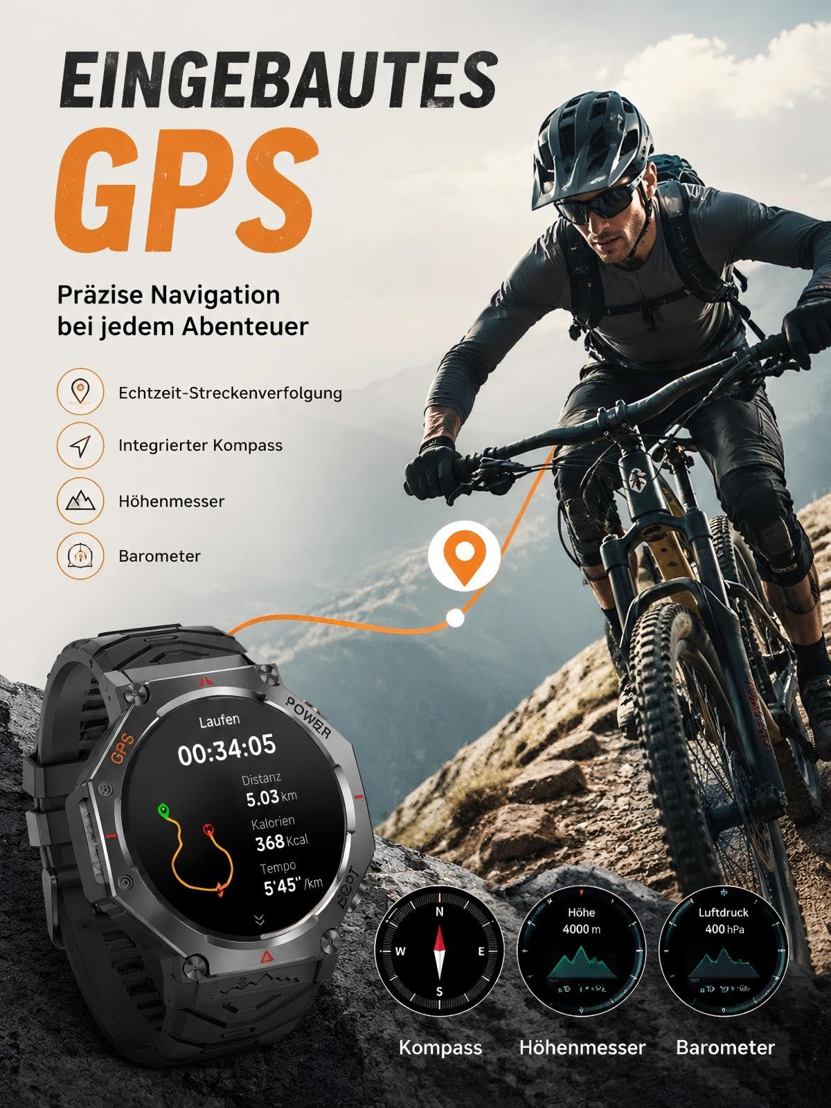 Smartwatch GPS da uomo, orologio sportivo militare 2026 | Orologio fitness da 3,5 cm, per Android e iOS, impermeabile fino a 3 ATM, con funzione telefonica, frequenza cardiaca, sonno