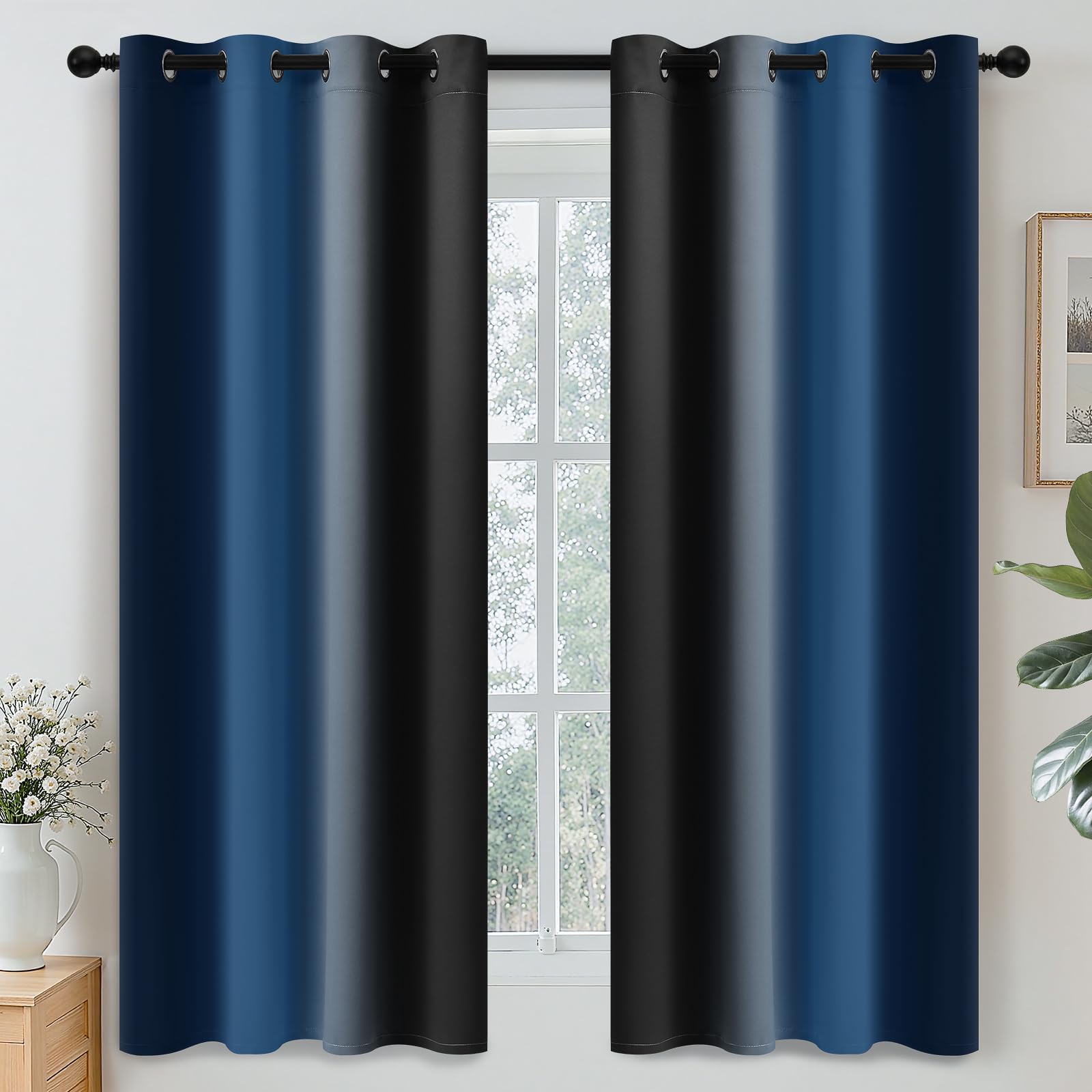 Yakamok Blackout Ombre Dark Blue and Black Curtains for Bedroom, Gradient Room Darkening Curtains, Grommet Thermal Insulated Light Blocking Window Drapes/Curtain for Living Room,52 x 63 Inch,2 Panels โ image 1