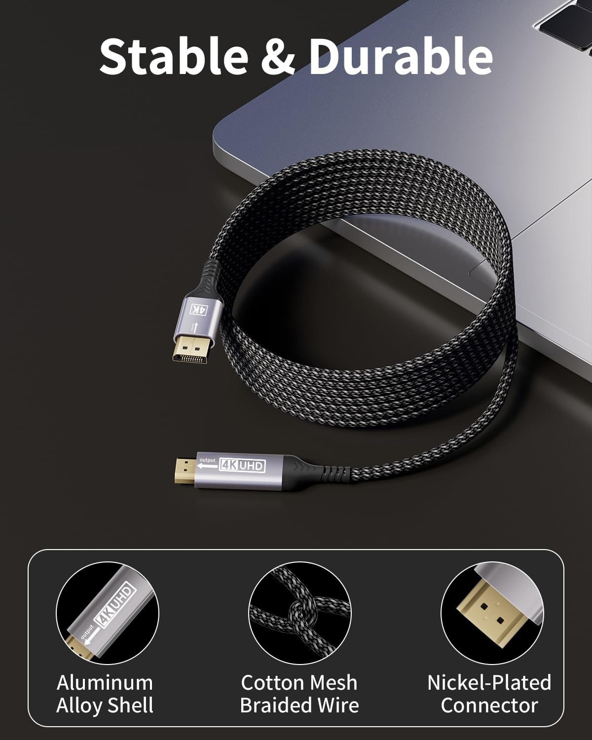 Câble DisplayPort vers HDMI 4K 2M, Unidirectionnel DP vers HDMI Mâle UHD 4K@30Hz/2K@60Hz/1080P@120Hz, Cordon DP vers HDTV en Nylon pour Dell, Vidéoprojecteur, PC de Bureau, NVIDIA, Lenovo, HP