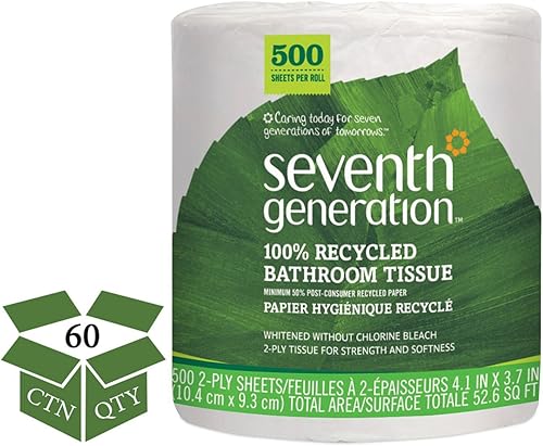 Seventh Generation 13733CT - Pañuelo de baño 100% reciclado, 2 capas, blanco, 300 hojas por rollo (caja de 48)