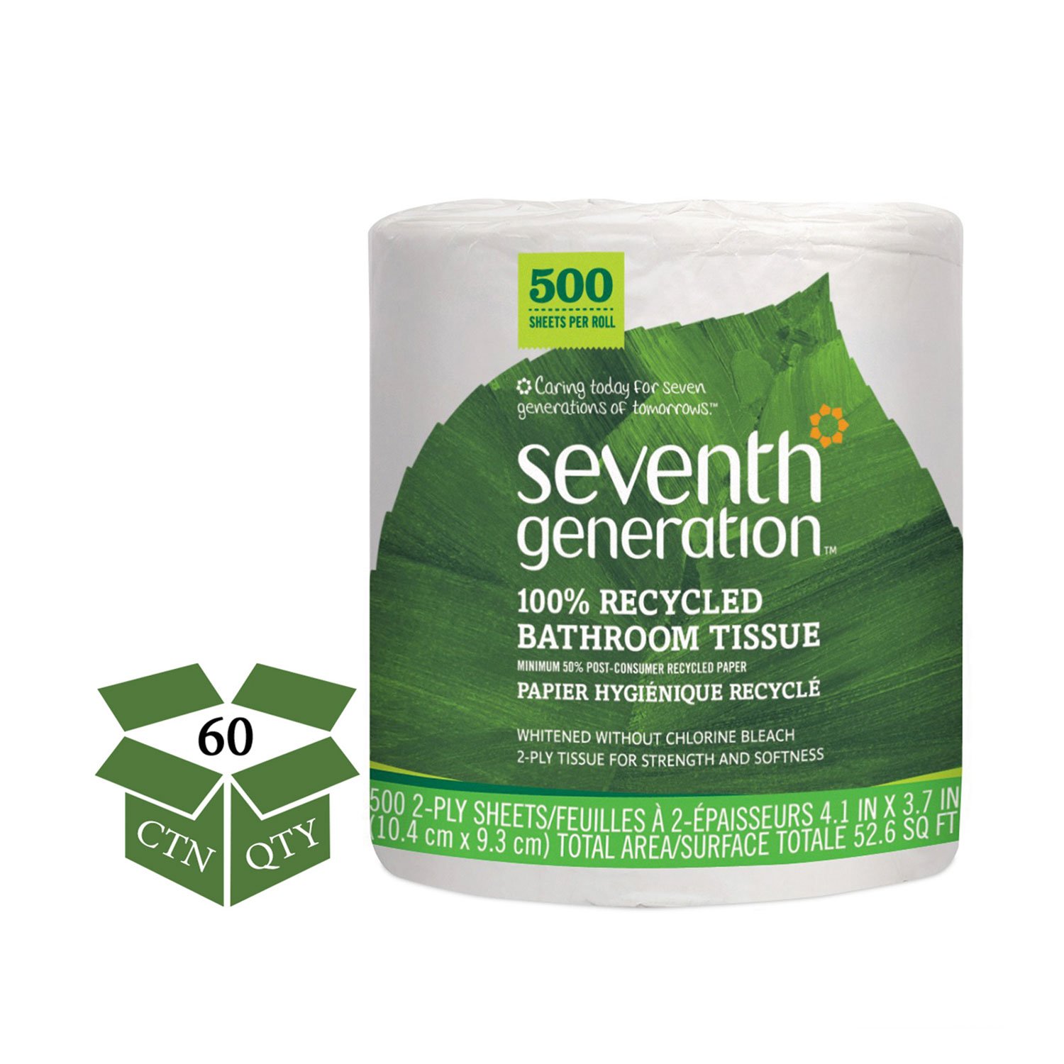 Seventh Generation 137038 100% Recycled Bathroom Tissue, 2-Ply, White, 500 Sheets/Jumbo Roll, 60/CT