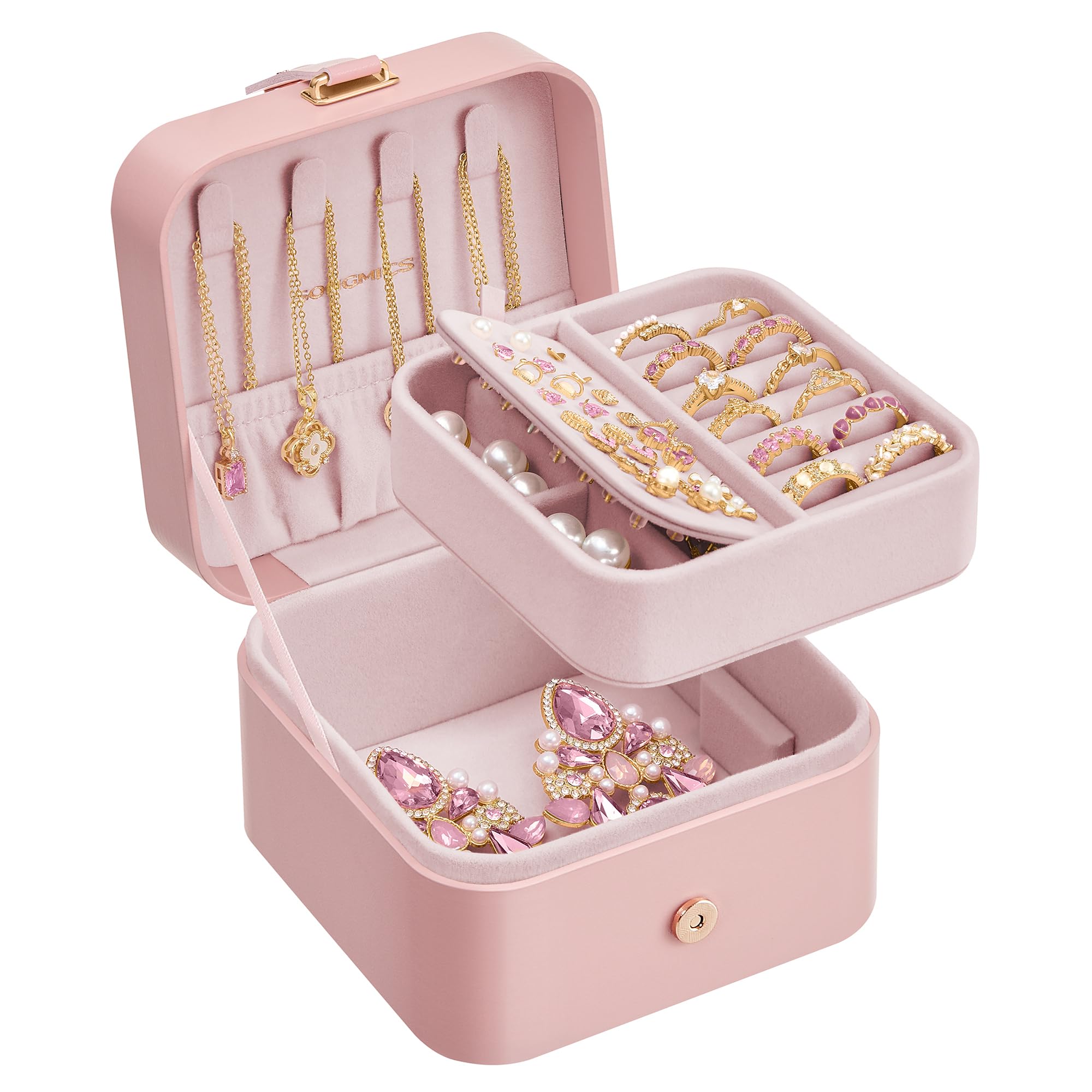 Boîte à bijoux SONGMICS rose gelée, petit étui de voyage portable à 2 couches UJBC185R02