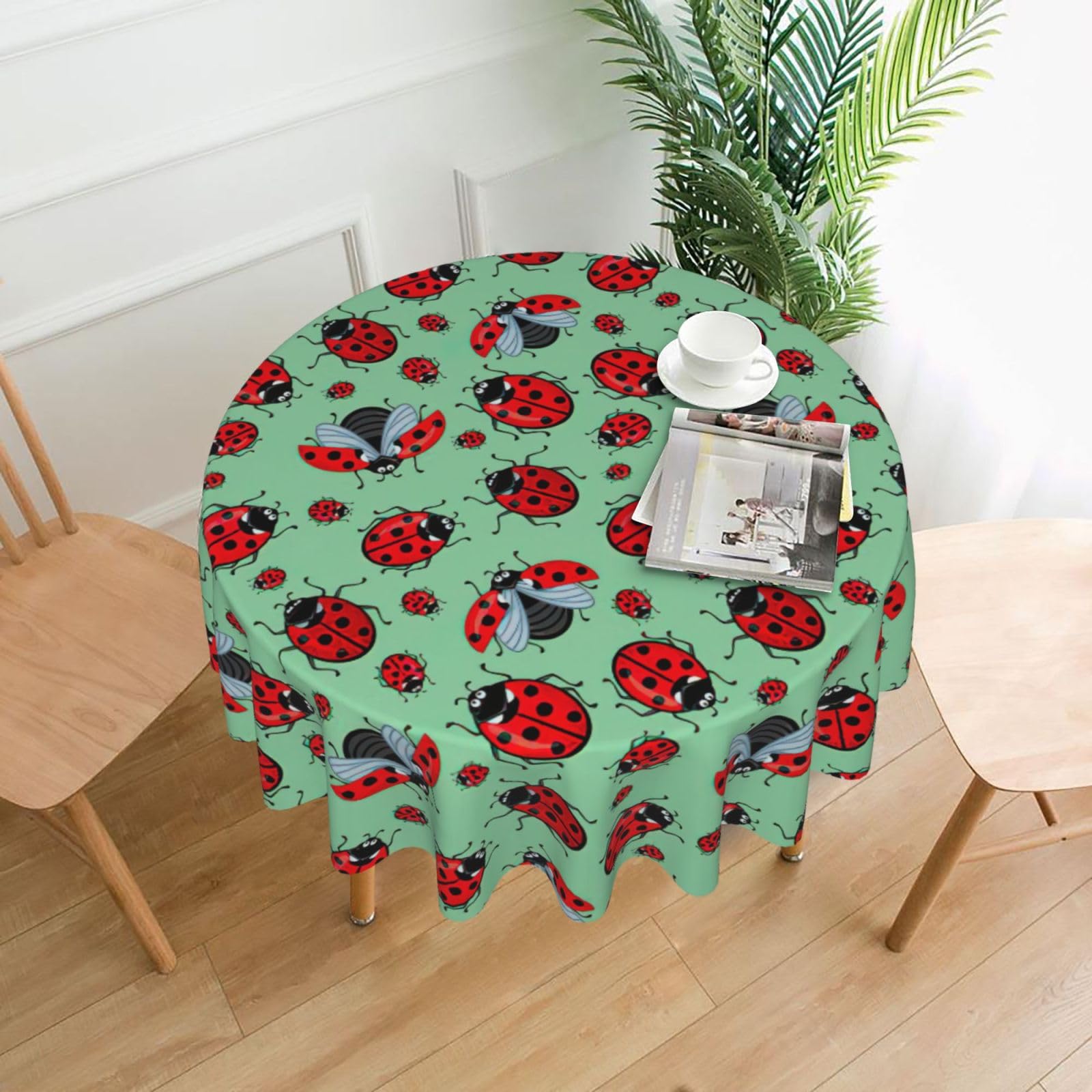 SDEGTHO Red bugs On A Blue Background Print Modern Retro Round Tablecloth 60in Polyester Fabric Cover for Party Dining Table Washable