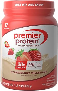 Premier Protein Powder, Strawberry Milkshake, 30g Protein, No Added Sugar, 100% Whey Protein, Keto Friendly, Soy & Gluten Free, 24.5 oz 17 Servings