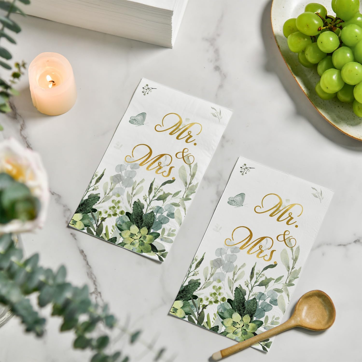Horaldaily 100 Spring Disposable Paper Decorative Guest Napkins, Watercolor Eucalyptus Monogram Mr and Mrs Gold Foil for Party Lunch Dinner Kitchen Bathroom image 4