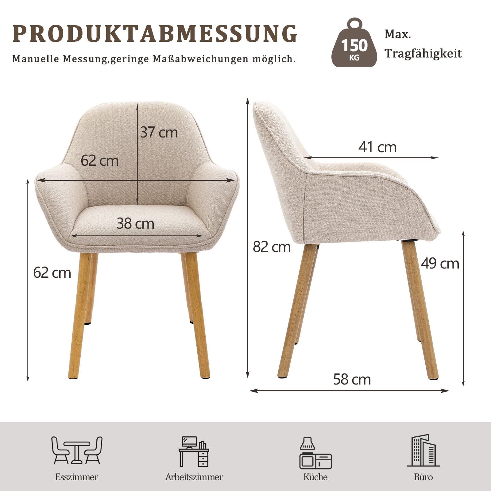 Lot de 2 Chaises de Salle à Manger Pieds en Bois, Chaise Fauteuils Rembourrés avec Accoudoirs, Chaises de Cuisine en Lin pour Salon, Bureau, Beige