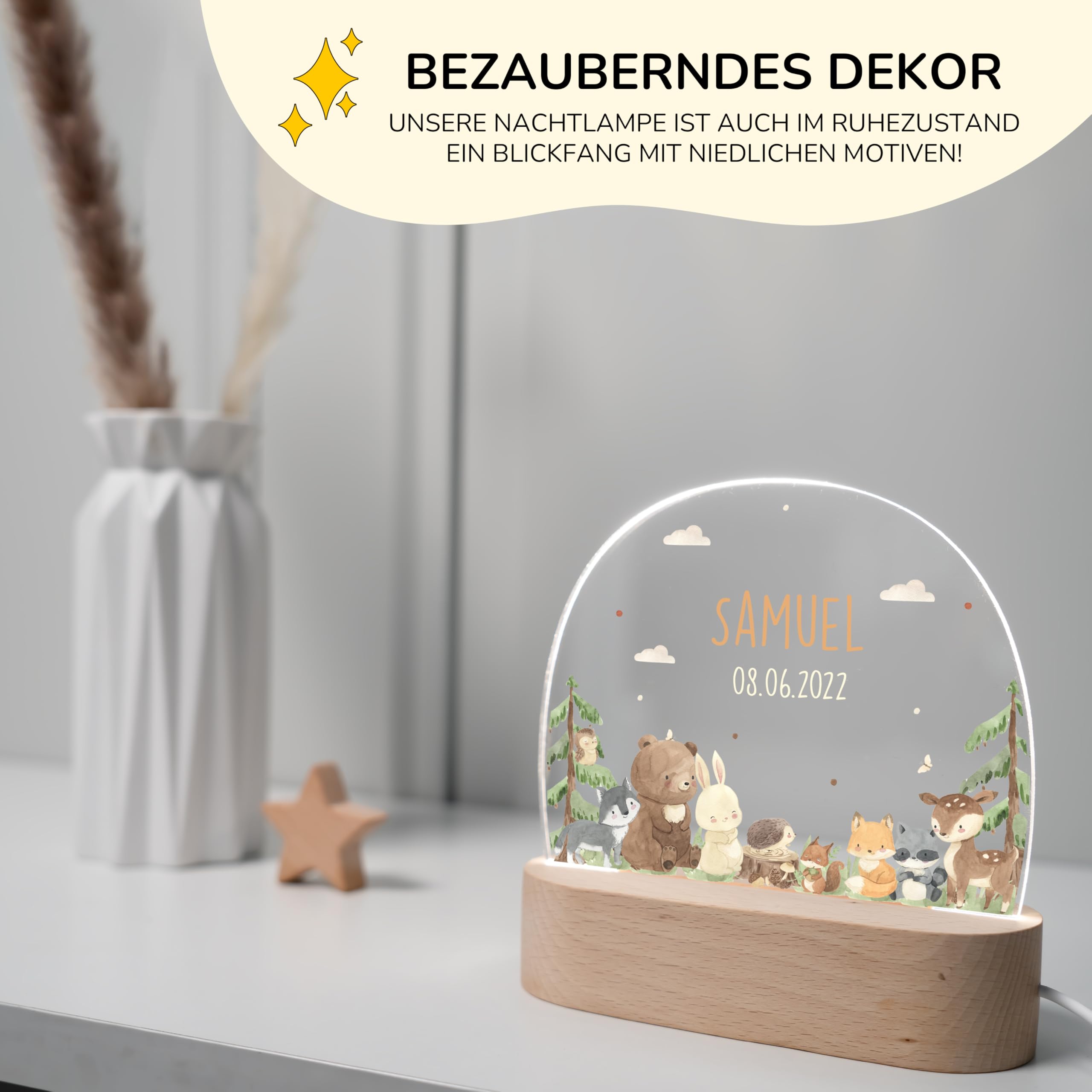 Kidsmood - Individualisiertes Nachtlicht für Babys - Dimmbare LED Nachtlampe für Kinder-Zimmer - Nachttischlampe als personalisierte Geschenke Kinder, Baby-Geschenk zur Geburt [Bär, Hase & Waltdiere]