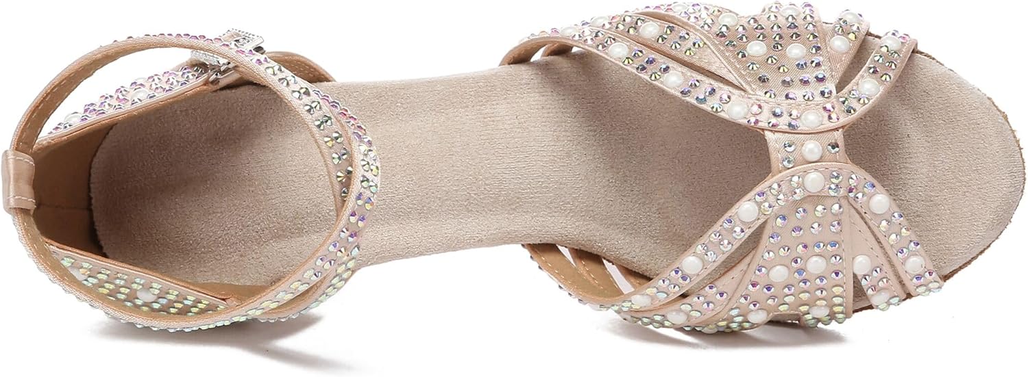 Minishion Comfortable High Heel Dance Shoes for Women Rhinestones Wedding Sandals