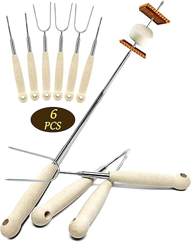 Miniatura 7 de Juego de 6 palitos de malvavisco de 32 pulgadas para hoguera, palitos Smores Sticks, diseño extensible, palos de asado de acero inoxidable para