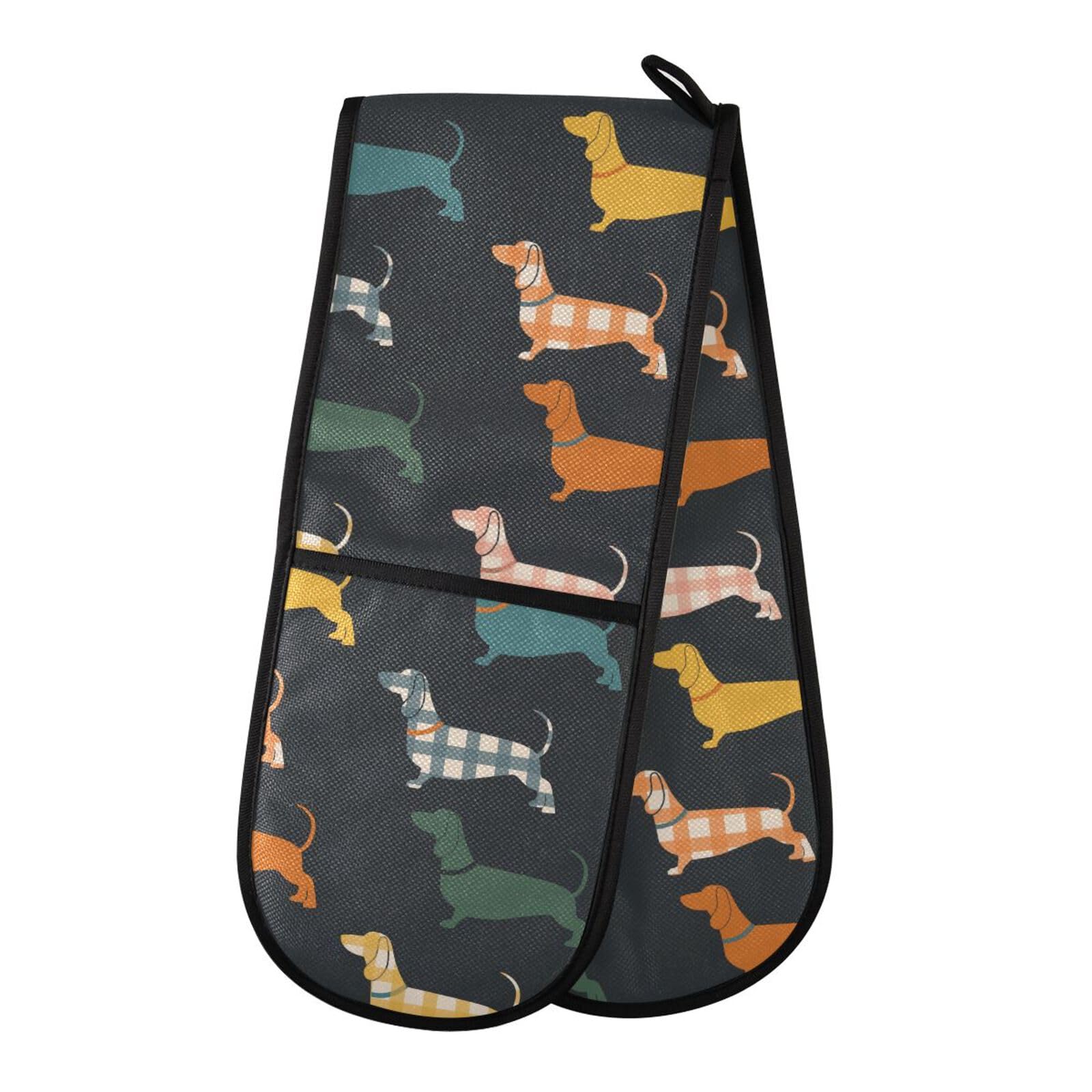 Double Oven Gloves Colorful Dachshunds Heat Resistant Pot Holder Oven Mitt Gloves for BBQ Cooking Baking Grilling Microwave