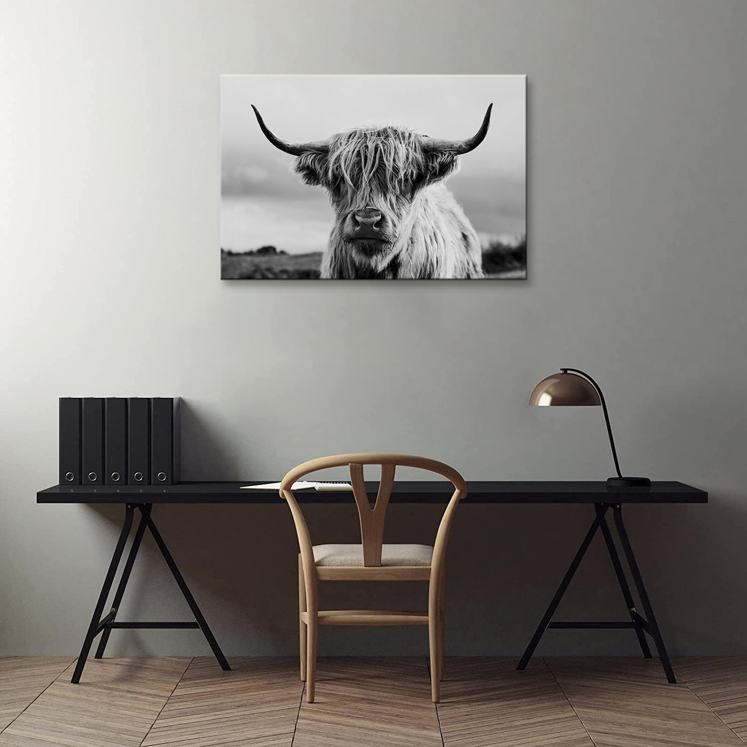 Highland Cow Wall Art Canvas Print Black and White Animal Canvas Picture Framed Art Wall Decor for Bedroom Bathroom (16x24 inch)