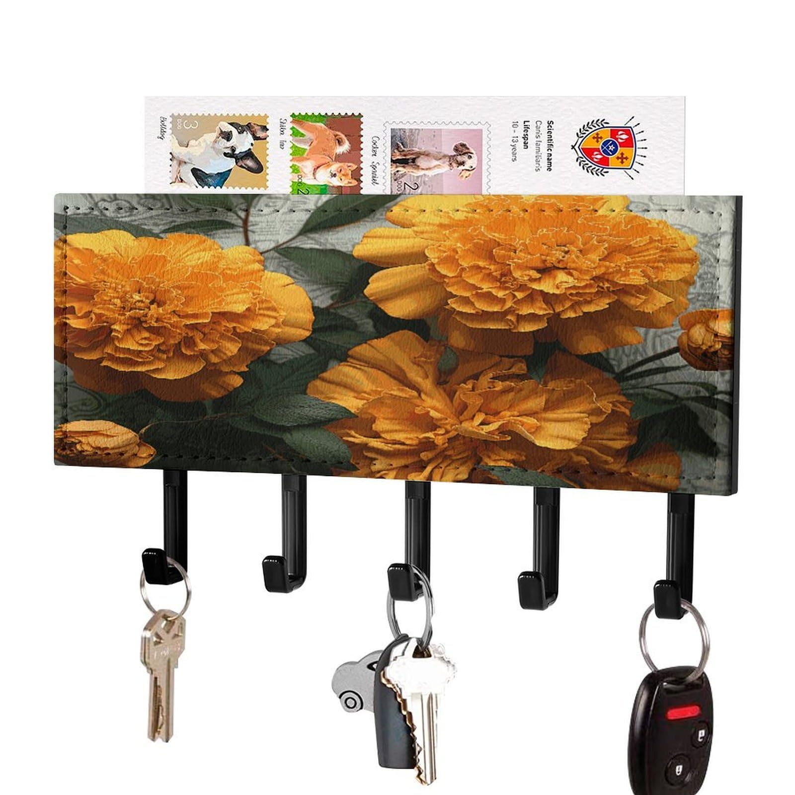 FekiLoot Marigold Key Holder for Wall Decorative Mail Organizer with 5 Key Hook Self Adhesive Key Rack with Tray Coat Rack Wall Mount Key Hanger Decor for Entryway Door