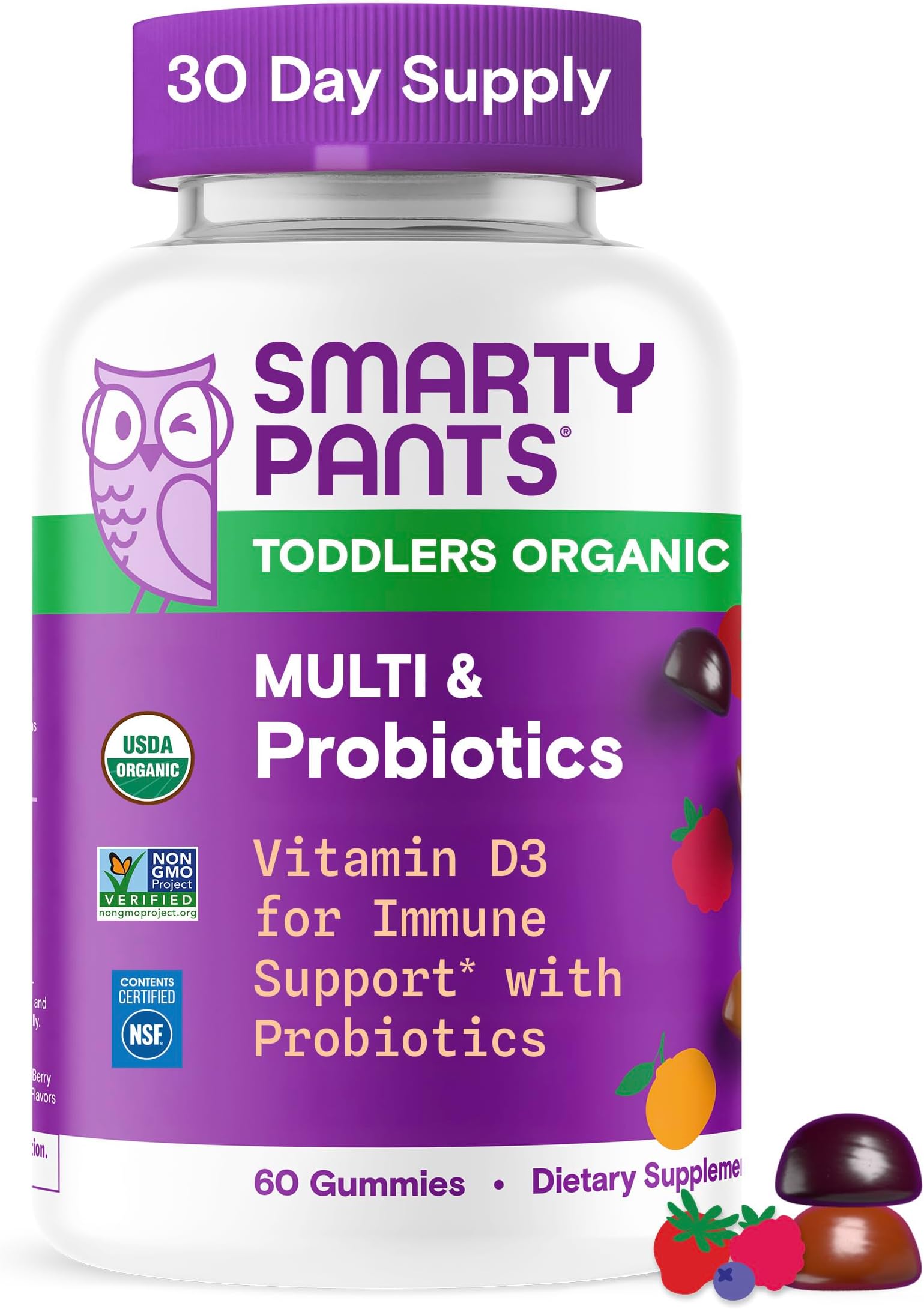 SmartyPants Organic Toddler Multivitamin Gummies: Probiotics, Omega 3 (ALA), Vitamin D3, C, Vitamin B12, B6, A, K & Zinc, Beta Carotene, Gluten Free, Three Fruit Flavors, 60 Count (30 Day Supply)