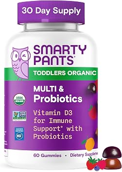SmartyPants Organic Toddler Multivitamin Gummies Probiotics, Omega 3 ALA, Vitamin D3, C, Vitamin B12, B6, A, K & Zinc, Beta Carotene, Gluten Free, Three Fruit Flavors, 60 Count 30 Day Supply