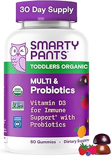 Organic Toddler Multivitamin Gummies: Probiotics, Omega 3 (ALA), Vitamin D3, C, Vitamin B12, B6, A, K & Zinc, Beta Carotene, Gluten Free, Three Fruit Flavors, 60 Count (30 Day Supply)