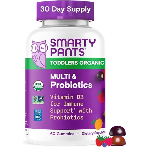 SmartyPants Organic Toddler Multivitamin Gummies: Probiotics, Omega 3 (ALA), Vitamin D3, C, Vitamin B12, B6, A, K & Zinc, Beta Carotene, Gluten Free, Three Fruit Flavors, 60 Count (30 Day Supply)