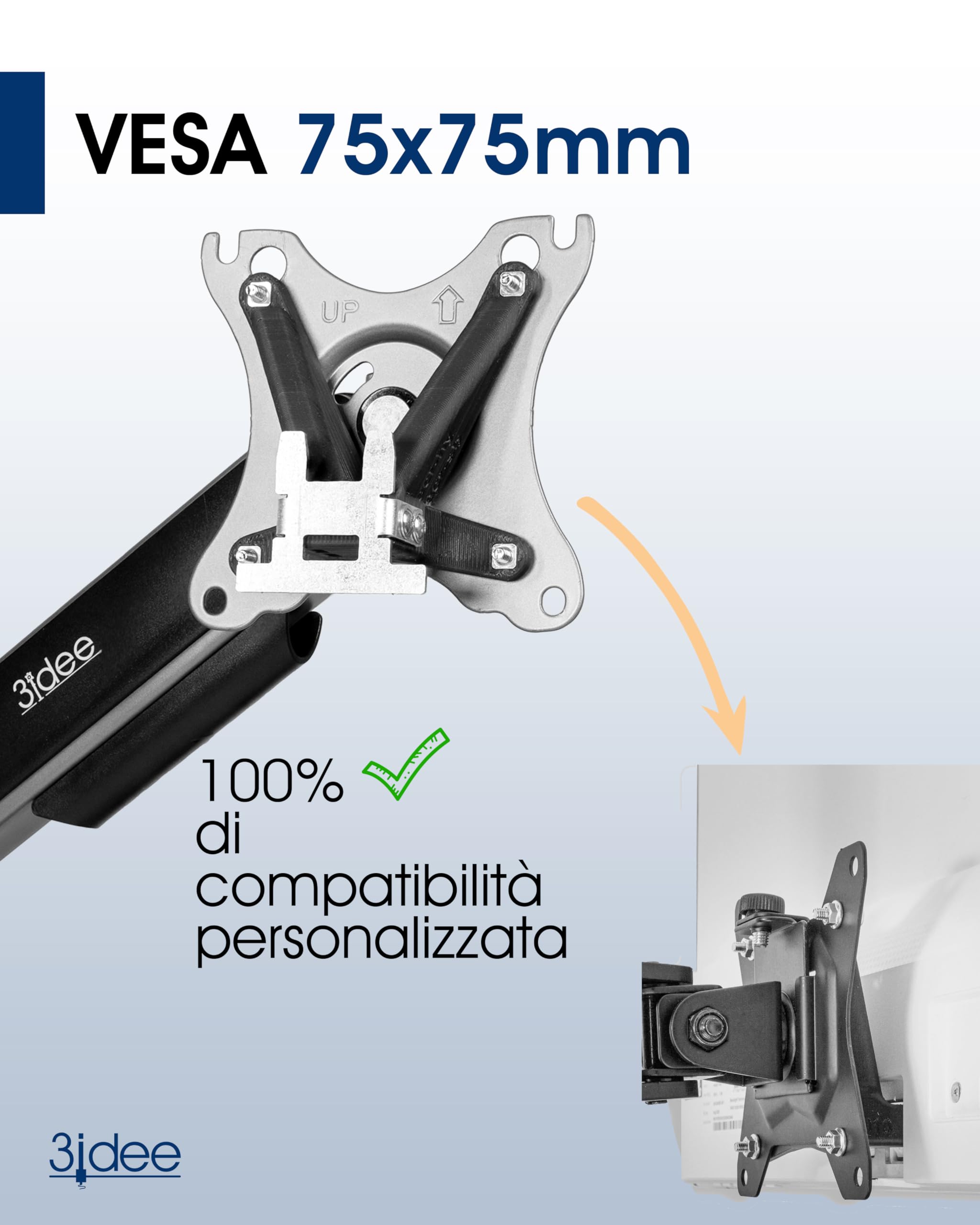 3IDEE adattatore VESA compatibile con monitor Acer (HA240Y, R240HY, SB220Q, SB230, RT240, RT240Y, R221Q, G227HQL e altro) - Attacco VESA 75x75 mm, Supporto VESA per monitor senza connessione VESA