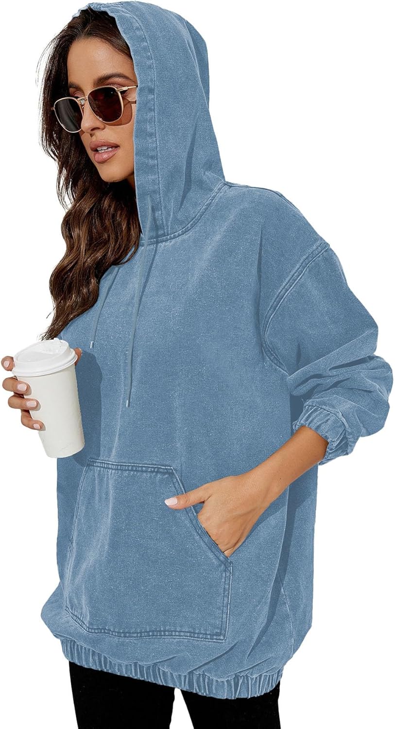 Women's Denim Hoodie Long Sleeve Pullover Sweatshirts Jean Jacket with Pockets - Image 6