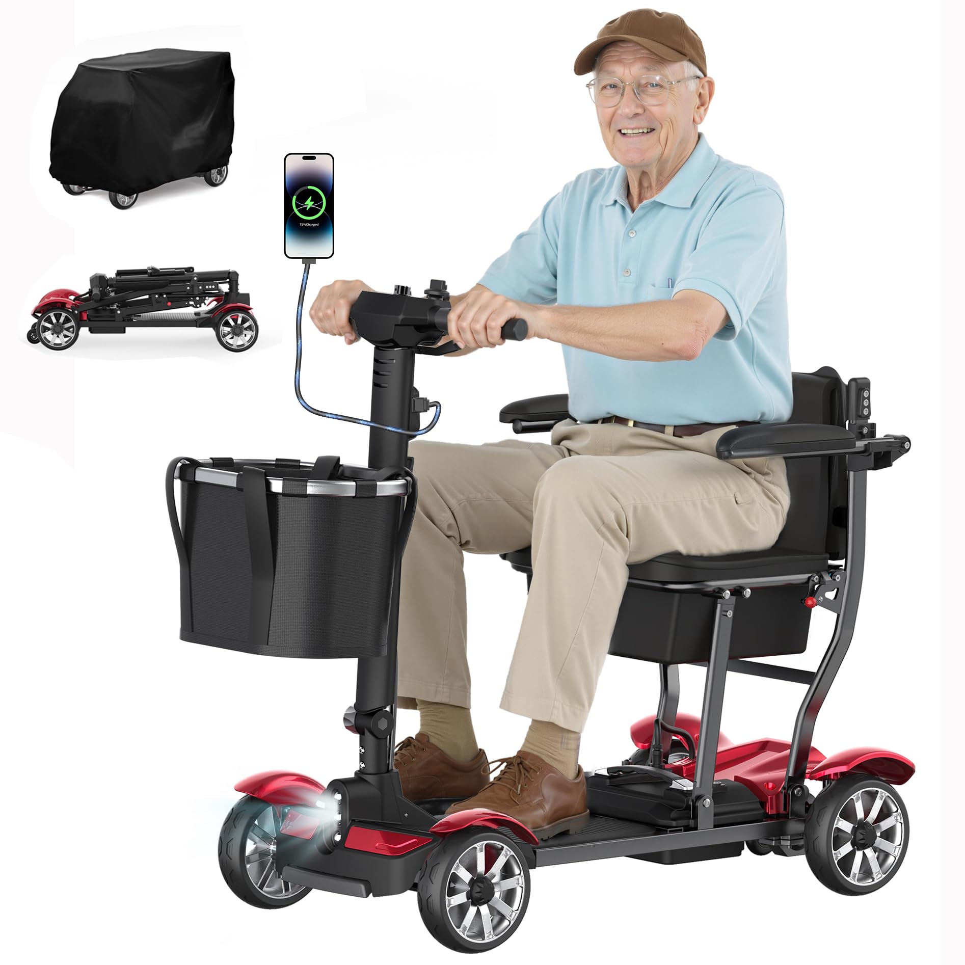 4 Wheels Mobility Scooters for Seniors, 39LBS Light Frame&350LBS Capacity&30 Miles Travel Range&270W Brushless Motor Powered Wheelchair Folding Electric Scooter&LED Lights&Dust Cover&Auto Brake-Red