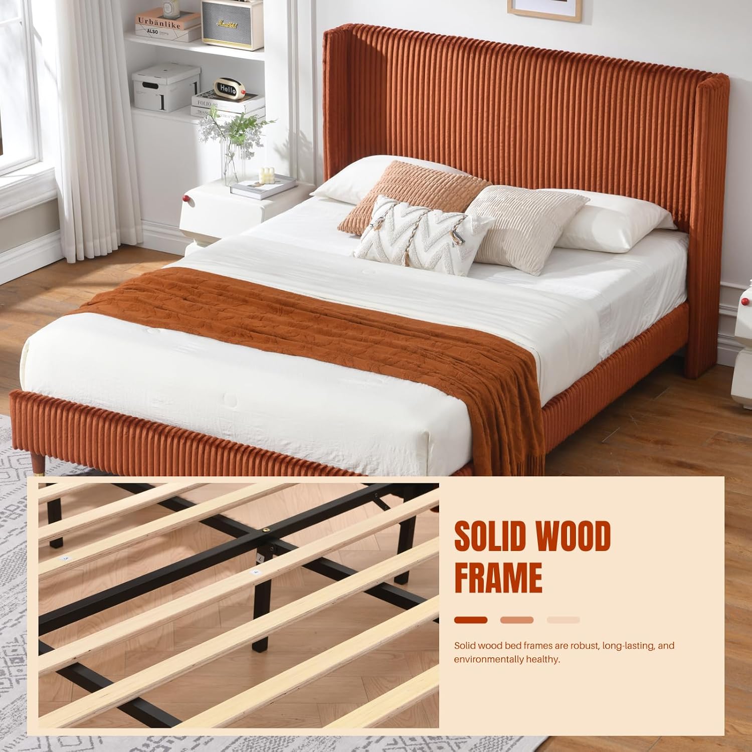 PINJU Queen Size Bed Frame, Upholstered Platform Bed with Modern Vertical Striped Wingback Headboard with Wooden Slats, Easy to Assemble No Noise Free (OCHER, Queen (U.S. Standard))