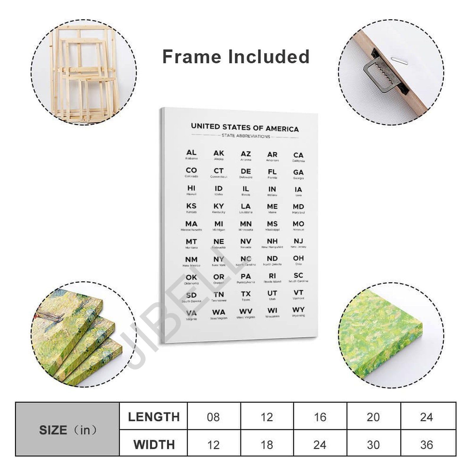Amazon.com: 美國州縮寫圖表按字母順序排列海報清單兩個字母縮寫名稱所有5 幅油畫牆藝術海報適用於臥室客廳裝飾08 x 12 英吋(20x30  公分)