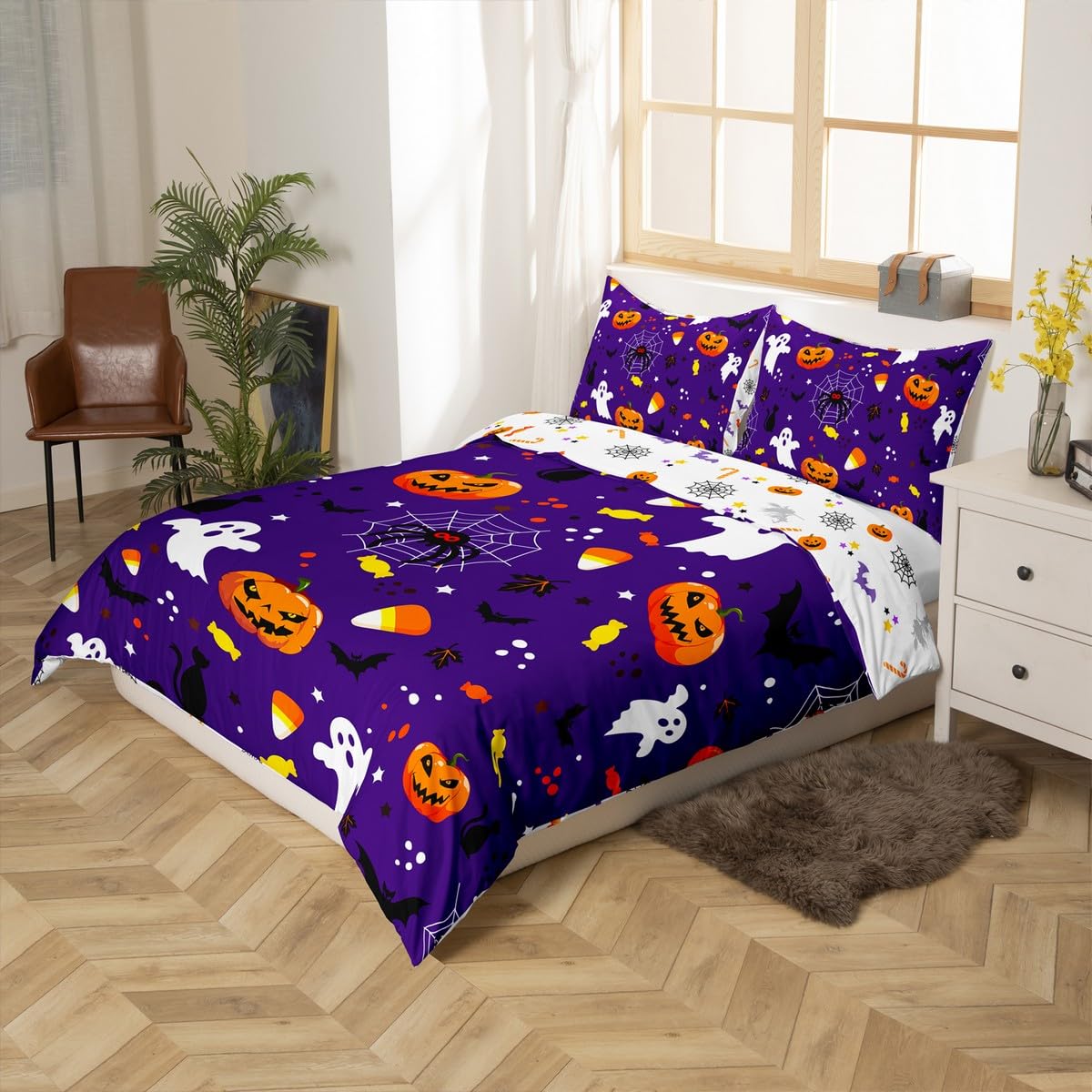 Podwójna poszewka na kołdrę na Halloween, zestaw pościeli z dynią dla dzieci dziewcząt chłopców nastolatków dorosłych, duch gotycki upiorny pokrowiec na kołdrę pająk nietoperz cukierki narzuta na