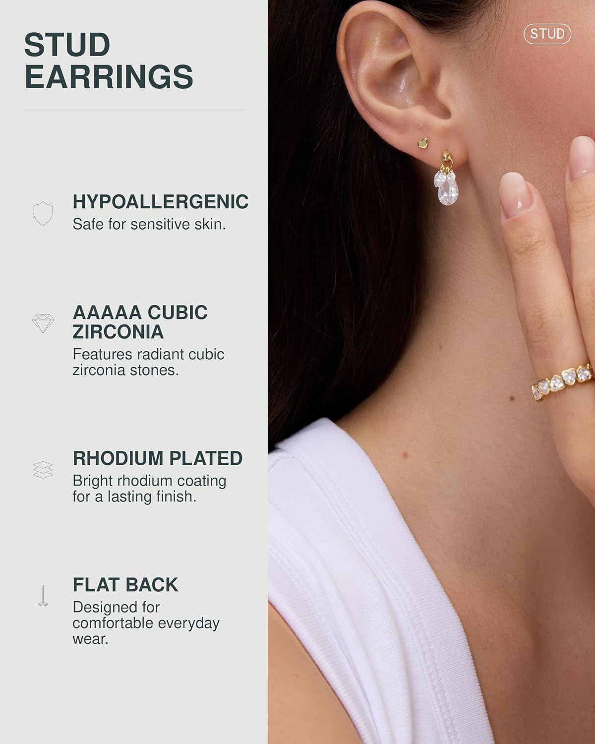 PAVOI 14K Gold Plated Dangle Flat Back Earrings for Women, CZ Stud Piercing image 2