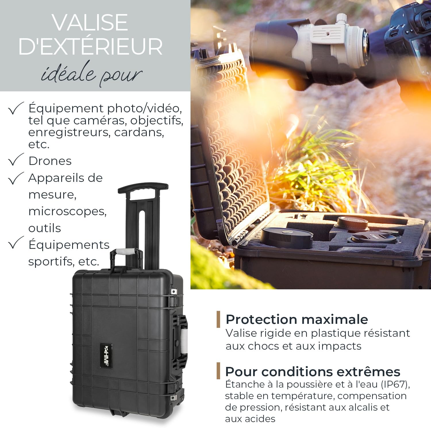 HMF ODK400 Valise à roulettes d'extérieur avec mousse prédécoupée, Noir , 58.5 x 45 x 27.5 cm, Valise