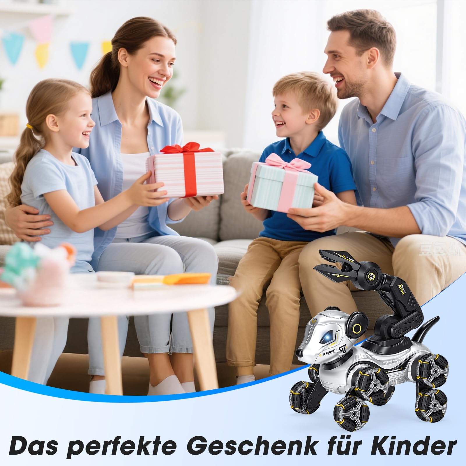 Roboter Hund Kinder – Interaktiver RC Roboterhund mit Gestensteuerung Uhr, Greifarm, 8-Rad Stunts, Licht & Musik, Programmierung, Doppelakku - Robot Dog für Mädchen Jungen 3-12 Jahre
