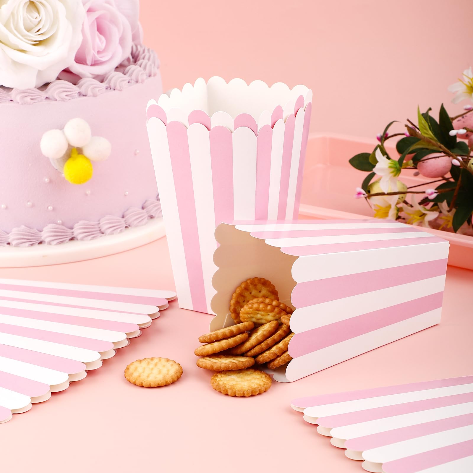 JOYSKY - 26 Boîtes à Pop-corn Rayées Rose - Parfait Pour Cinéma Maison, Fêtes Et Cadeaux