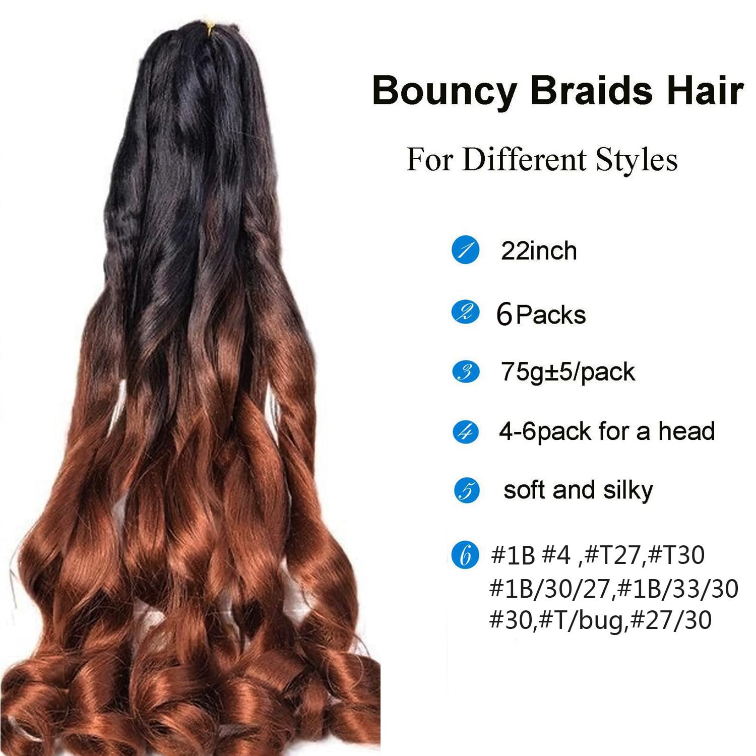 6Packs French Curl Braiding Hair Extension Crochet Braids Hair Extensions for Braiding (#1B-30, 22Inch (Pack of 6)) - Image 2