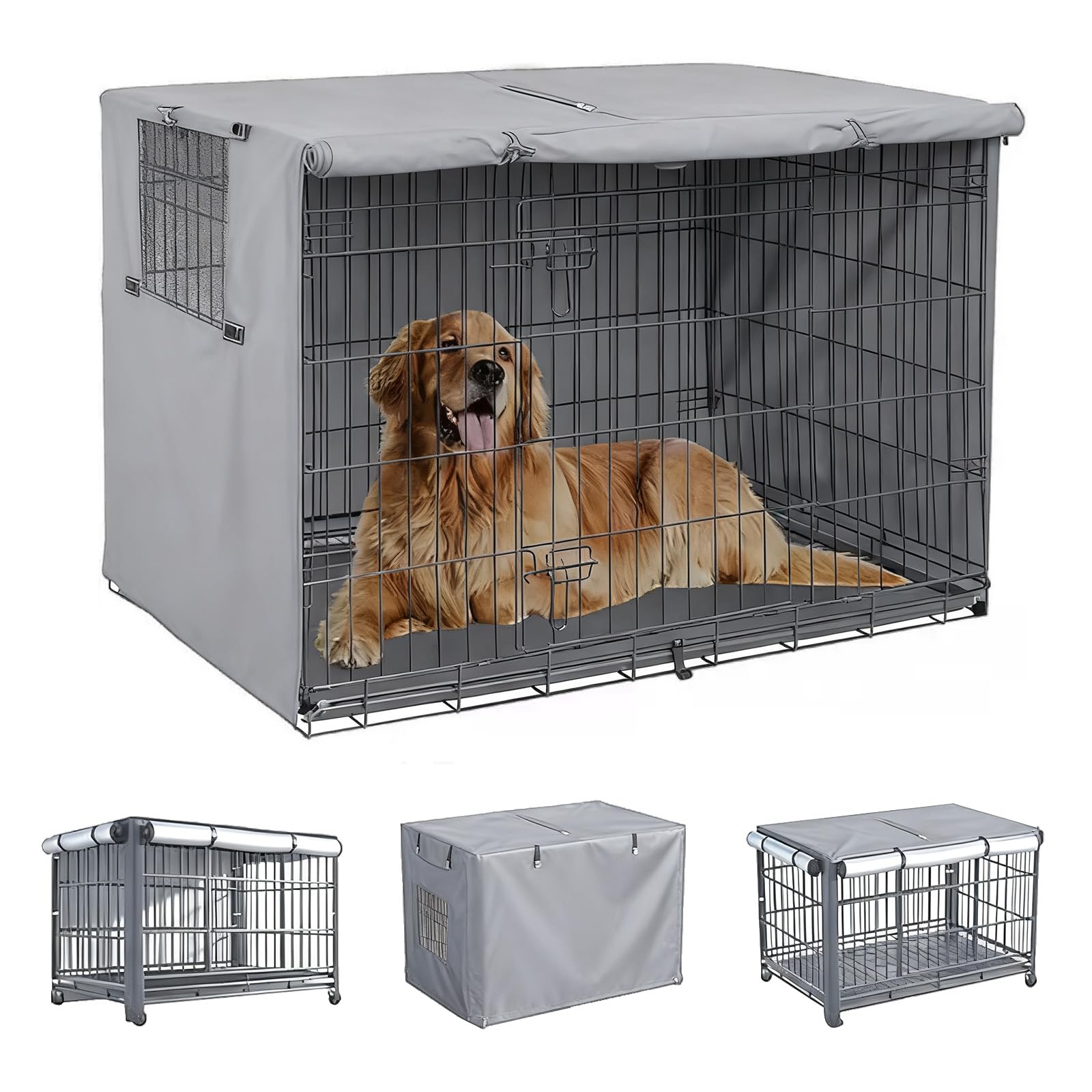 Copertura per gabbia per cani copertura per gabbia per cani con tende a rullo tessuto Oxford resistente 600D tutti i lati aperti solo copertura,Grigio,107×71×76cm
