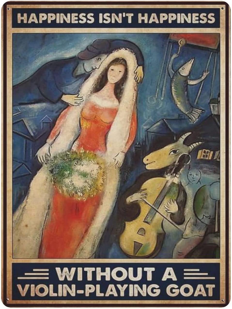 Nichpedr Vintage Tin Sign Metal Plaque Happiness Isn't Happiness Without A Violin Playing Goat Metal Sign Iron Painting Retro Wall Decor Poster for