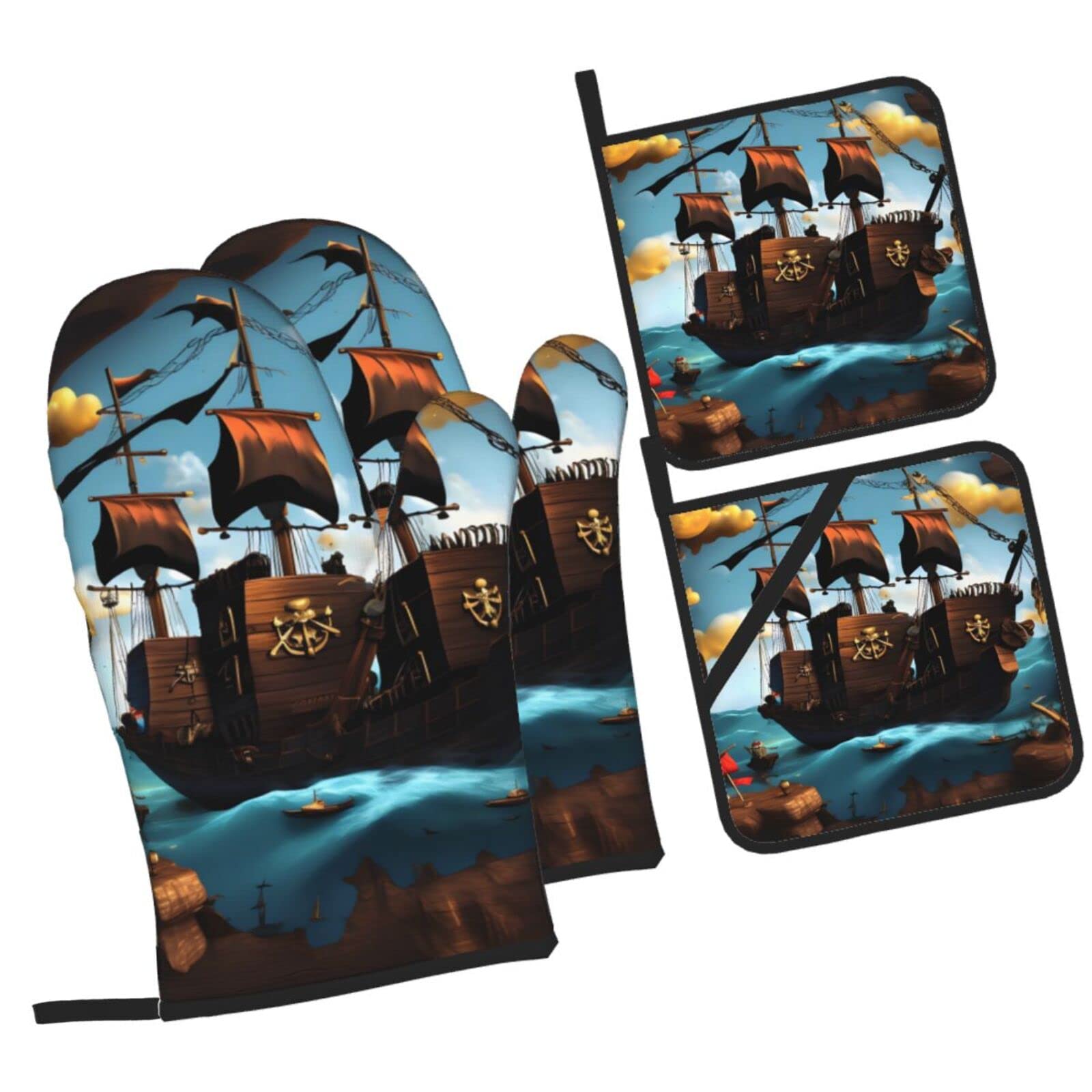 Lot De 4 Maniques Et Maniques Motif Bateau Pirate - Gants De Cuisine