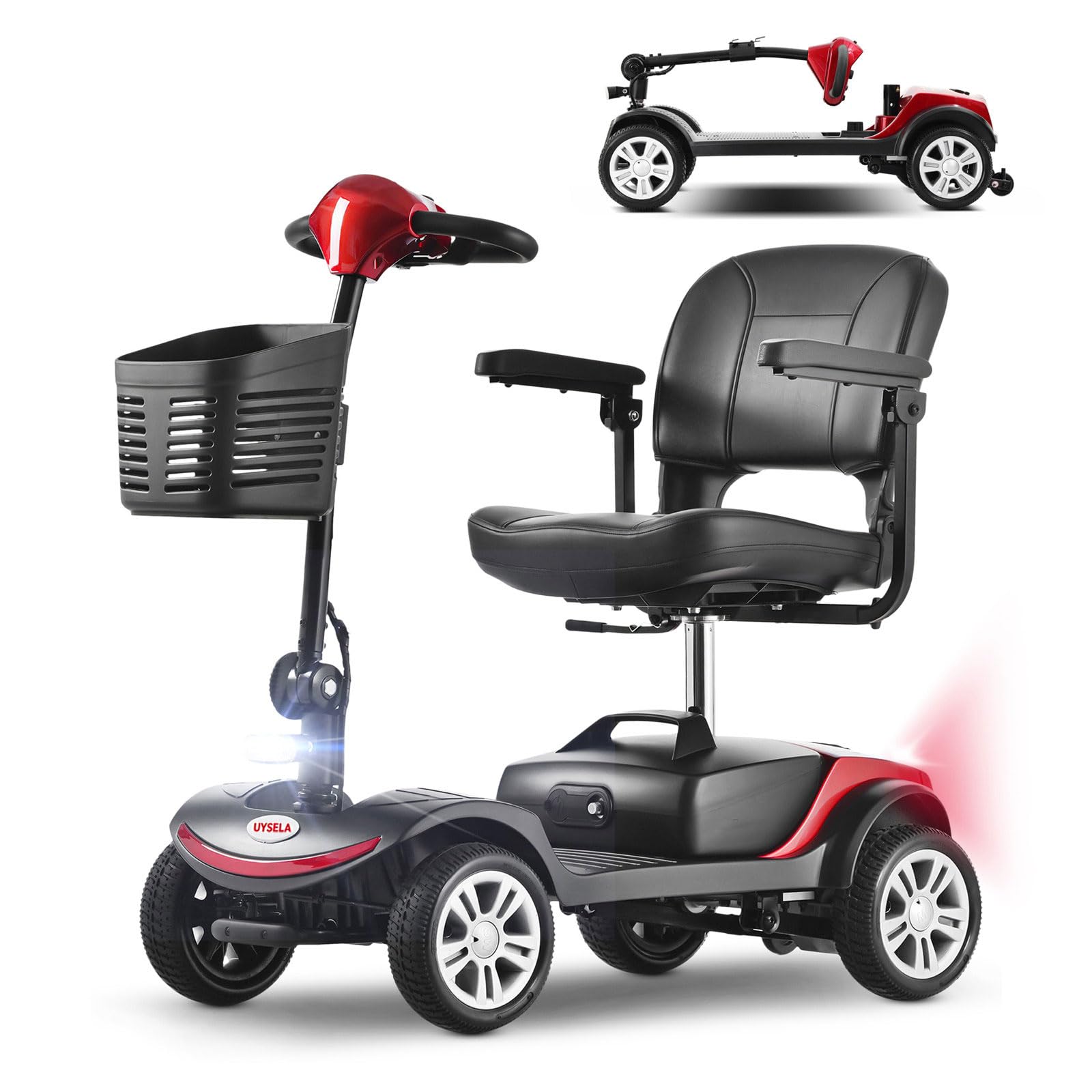 UYSELA Scooter de Movilidad Eléctrico, Patinete de Movilidad Plegable para Adultos con Cesta para Maletero de Coche de Viaje, Ligero y Portable​,Red