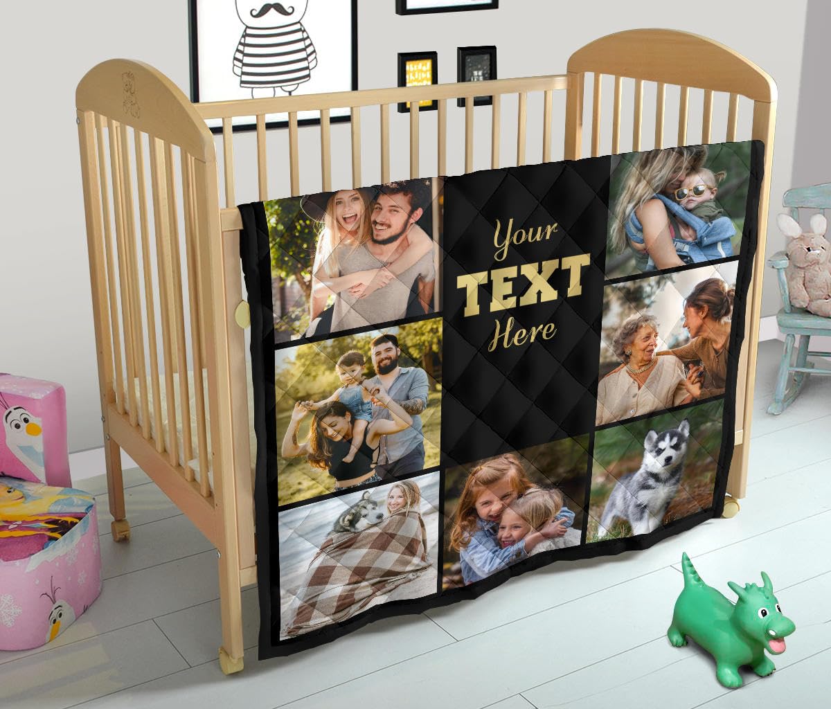 Customized Photo Quilt with Up to 8 Photos and Custom Text Center Personalized Family Memory Blanket Gift (Queen Quilt 80x90)