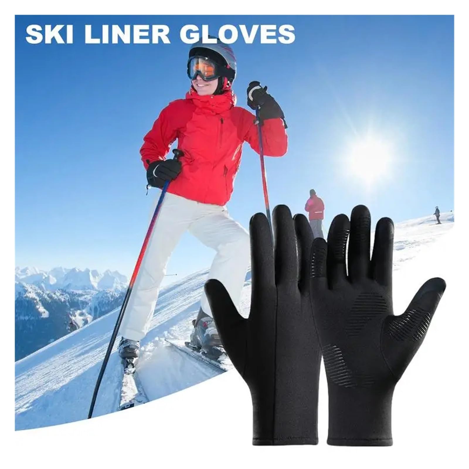 Guantes de esquí con forro negro interior delgado para pantalla táctil, utilidad, fiesta, ultraligeros, deportes, dedos completos, accesorios de snowboard