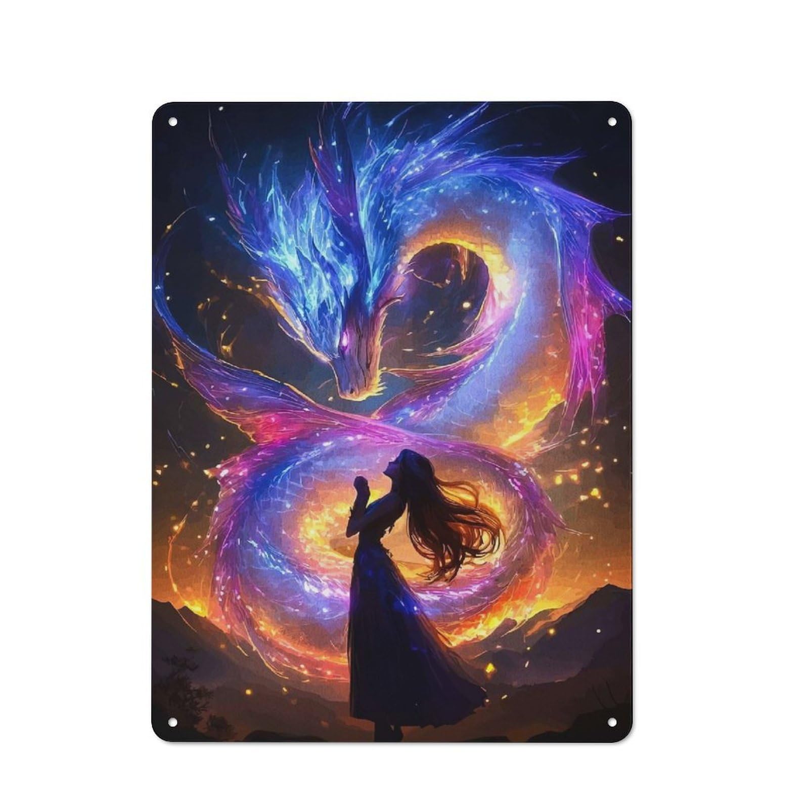 Junmoney Style-21 Vintage Metal Sign With Woman And Celestial Dragon Fantasy Art Design 40X30cm, Rustic Bar Wall Plaque For Bar, Kitchen, Garage Or Games Room