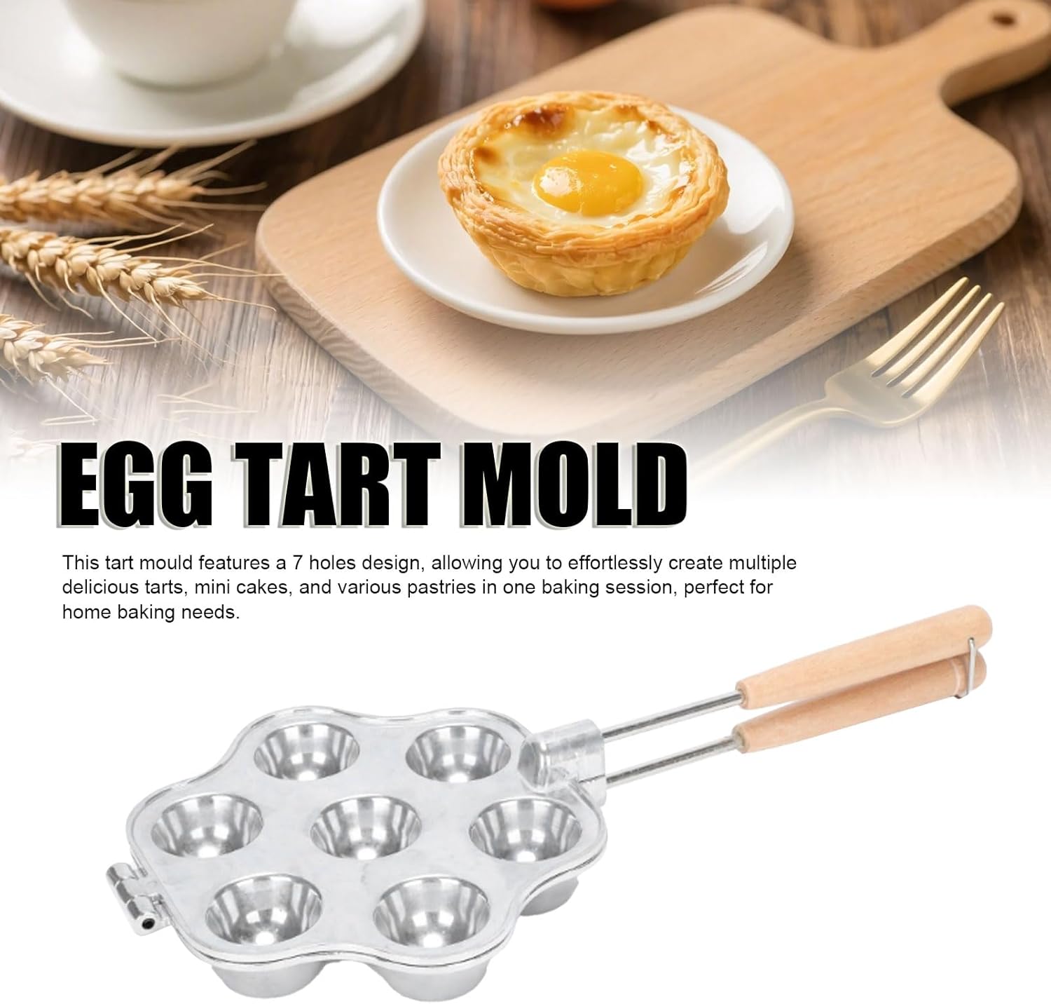 Haofy Egg Tart Mold, 7 Holes Reusable Aluminum Alloy Cake Baking Mould for Mini Cake Pudding, with Wooden Handle