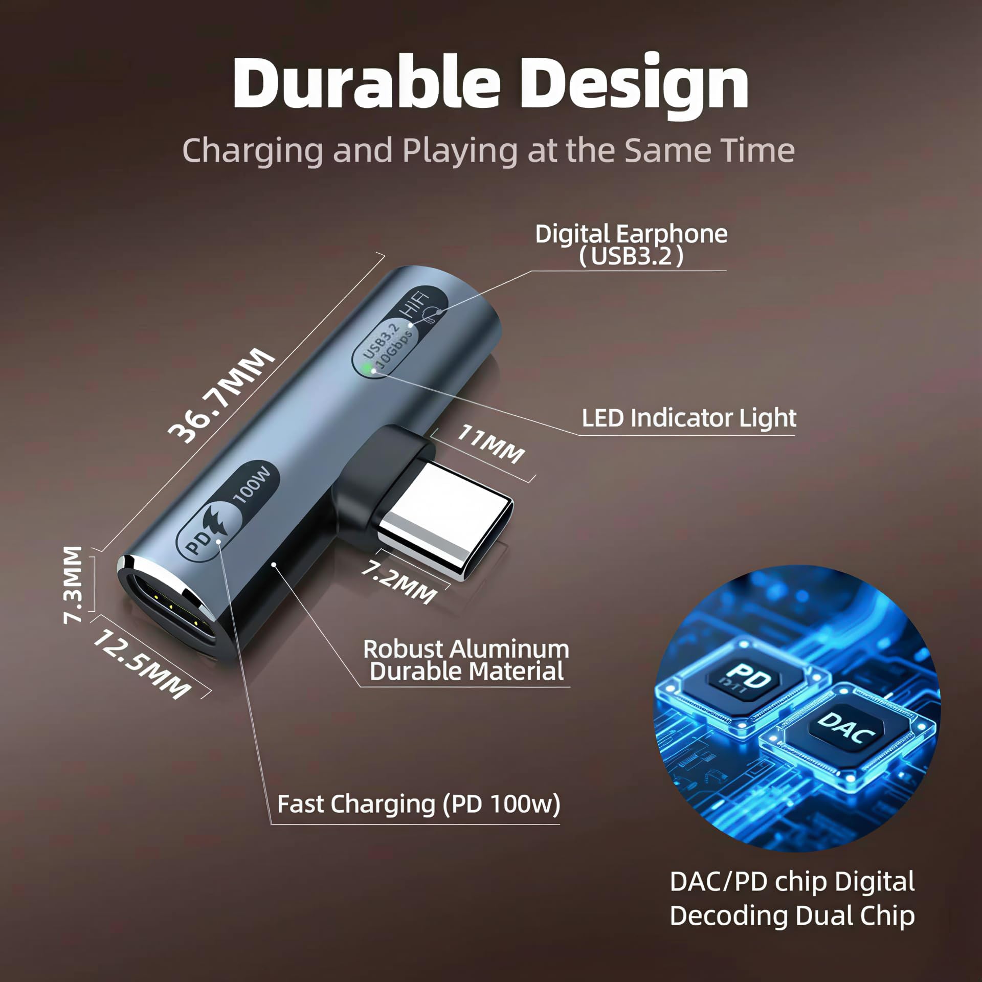 Adattatore USB-C 2 in 1 Audio e Ricarica Rapida 100W per Laptop Tablet Smartphone Grigio
